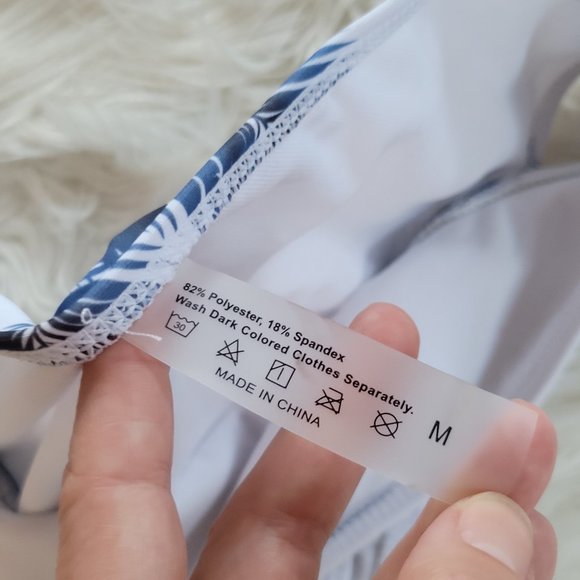 Two Piece Twist Simons Bikini Swimsuit Dark Blue Feather Print Spaghetti Strap M - Picture 7 of 12